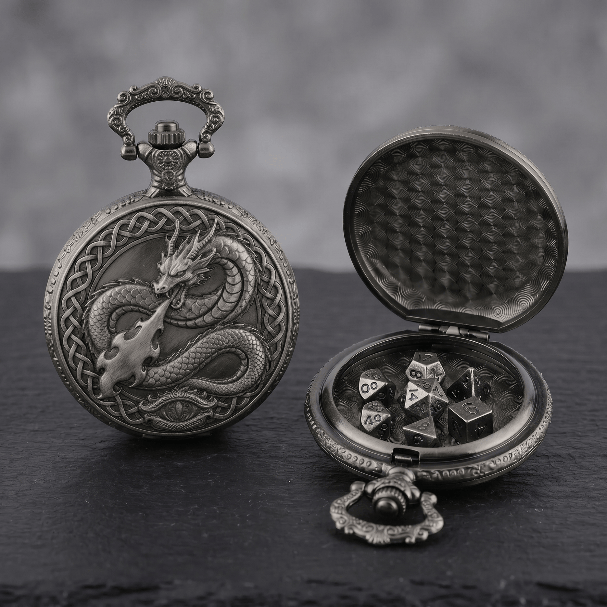 Geloho Silver Fire Dragon Pocket Watch Dice Set