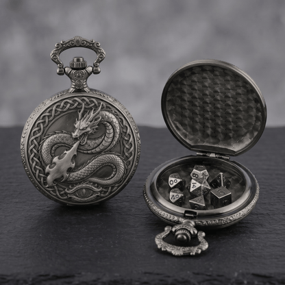 Geloho Silver Fire Dragon Pocket Watch Dice Set