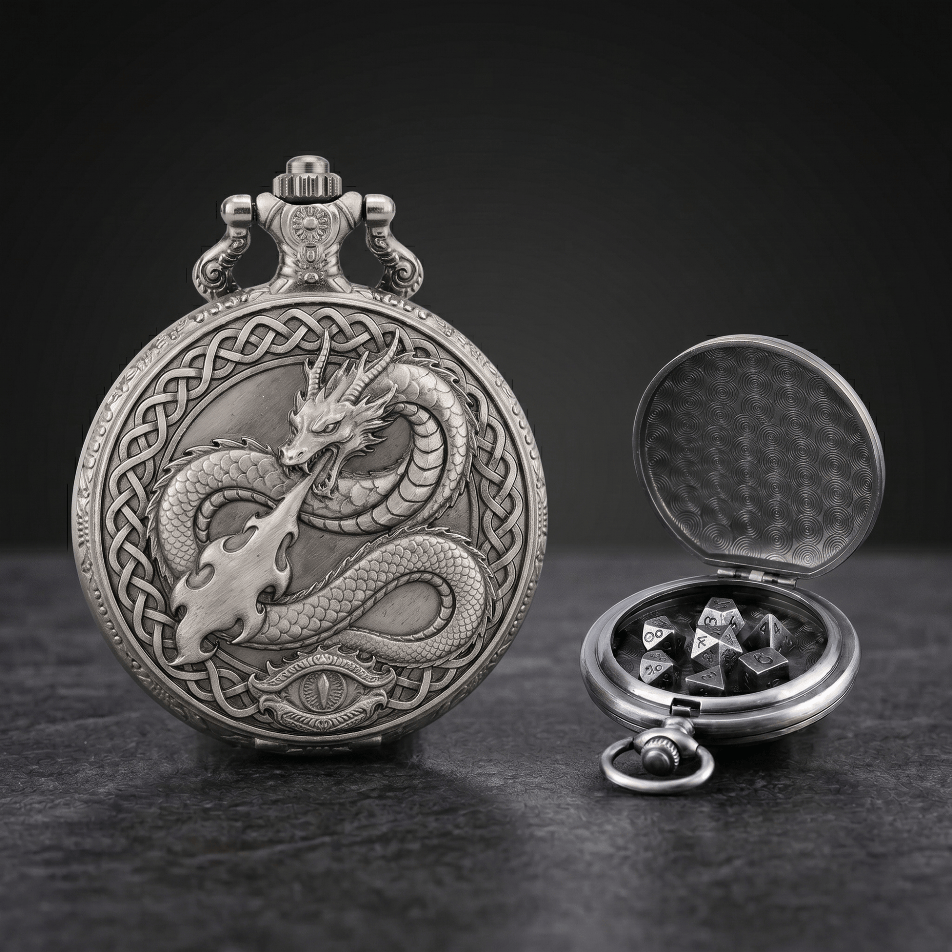 Geloho Silver Fire Dragon Pocket Watch Dice Set
