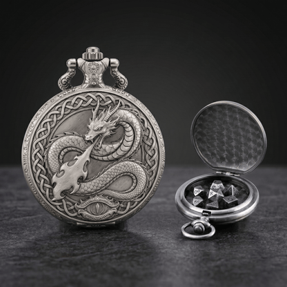 Geloho Silver Fire Dragon Pocket Watch Dice Set