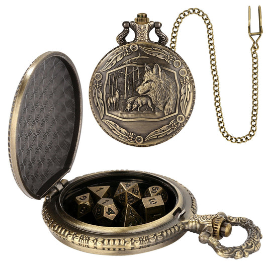 Geloho D20, Dragon Bronze Forest Wolf Pocket Watch Dice Set
