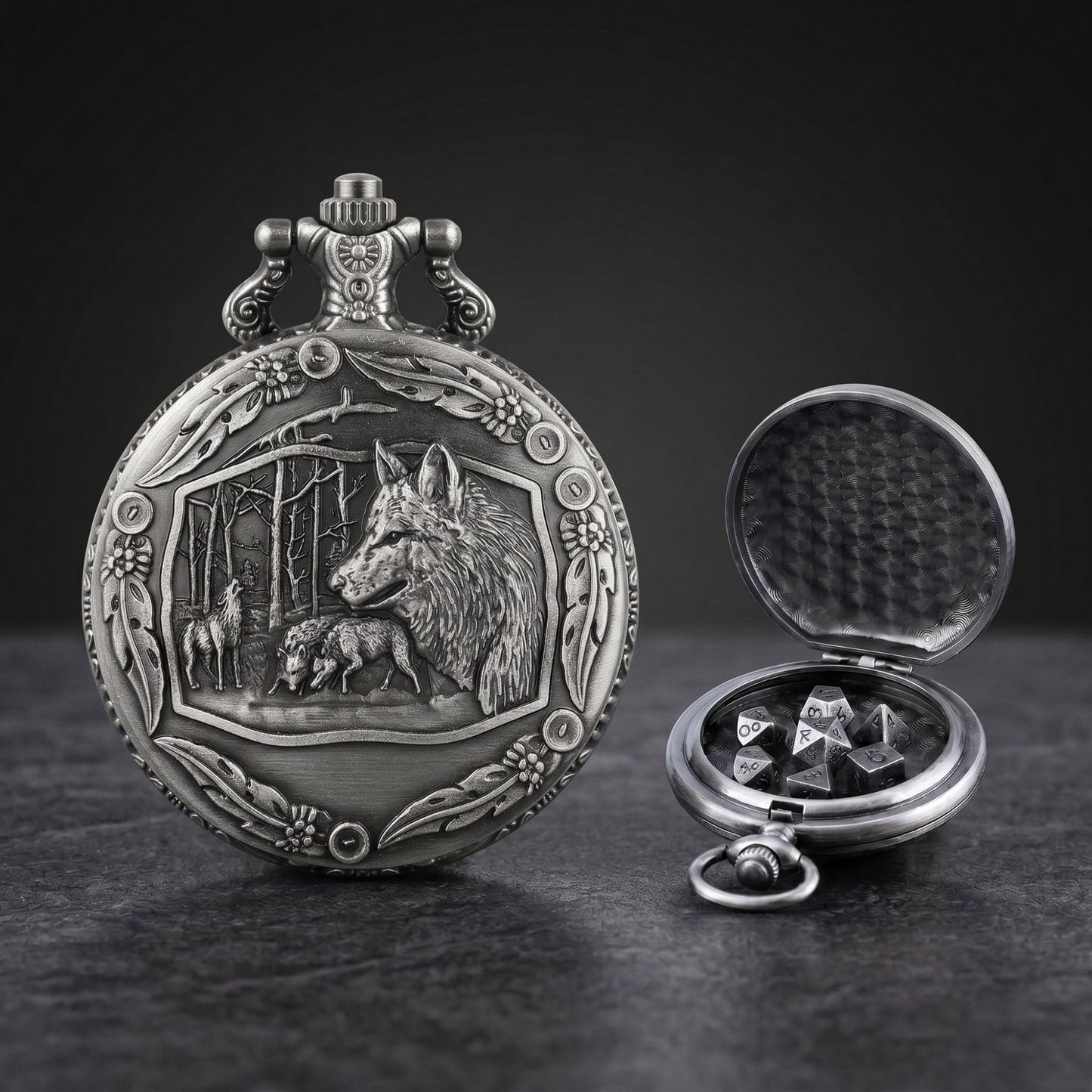 Geloho D20, Dragon Forest Wolf Pocket Watch Dice Set