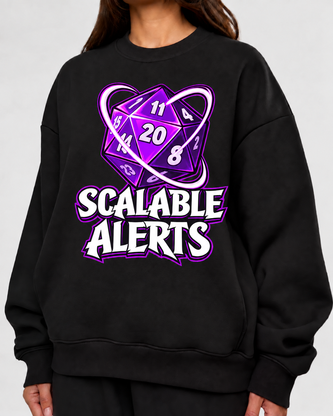 Female model wearing Giant Problem Incoming - DnD Sweatshirt