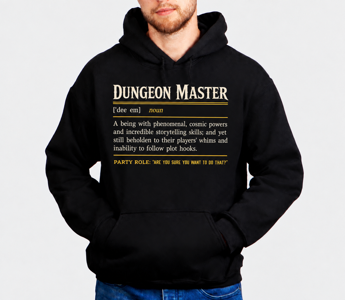Herding The Party D&D hoodie on male model
