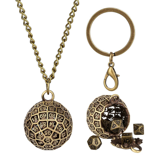 Geloho Bronze Hollow D100 Mini Dice Set Necklace & Keychain