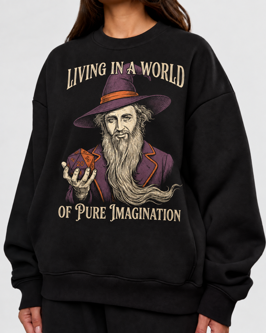 Female model wearing Imagination Is Magic - DnD Sweatshirt