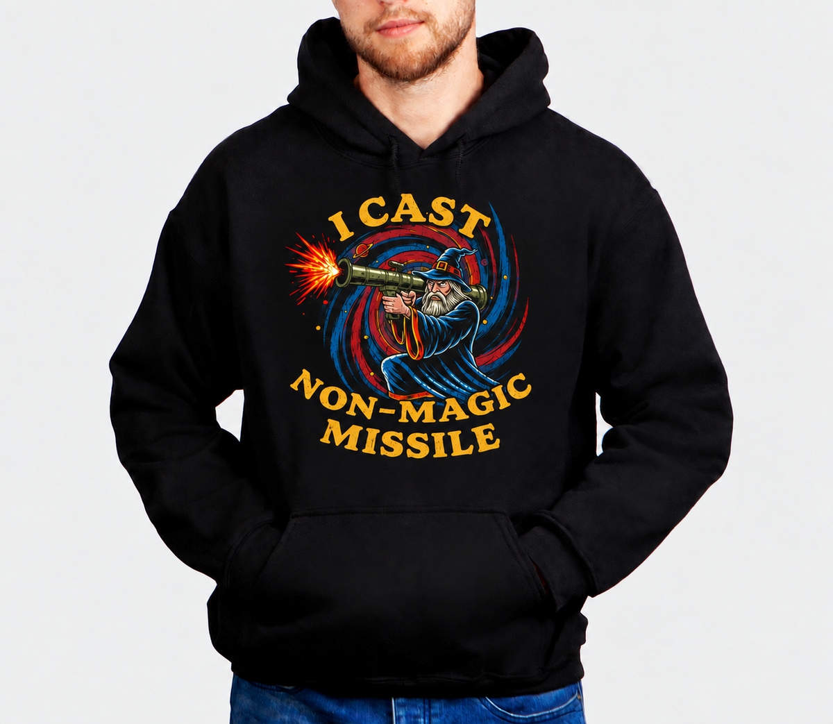 Improvised Magic Missile D&D hoodie on male model