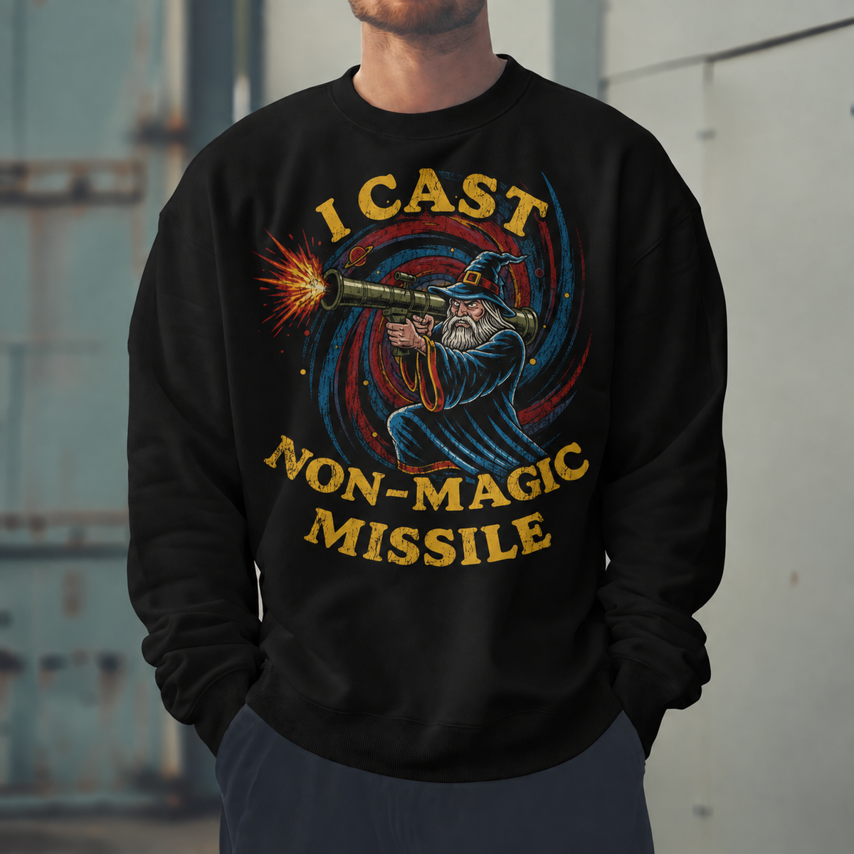 Male model wearing Improvised Magic Missile - DnD Sweatshirt