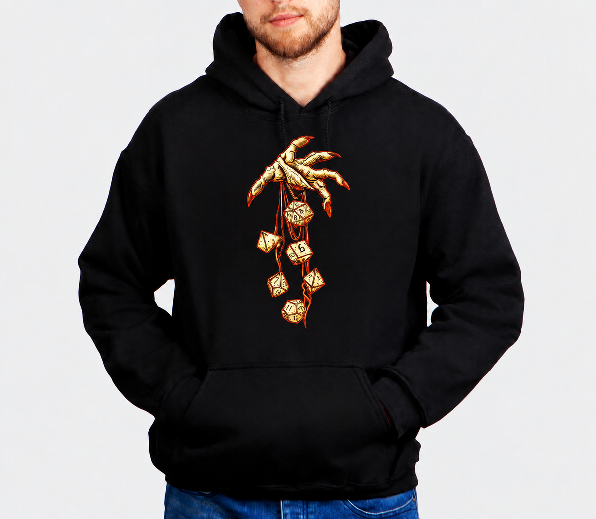 Let Fate Fall D&D hoodie on male model