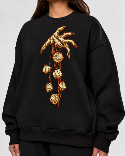 Female model wearing Let Fate Fall - DnD Sweatshirt