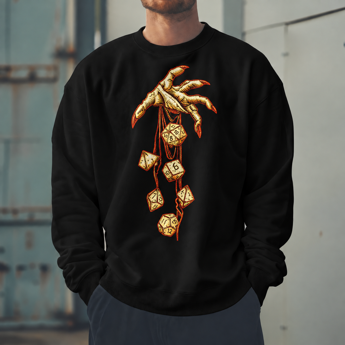 Male model wearing Let Fate Fall - DnD Sweatshirt