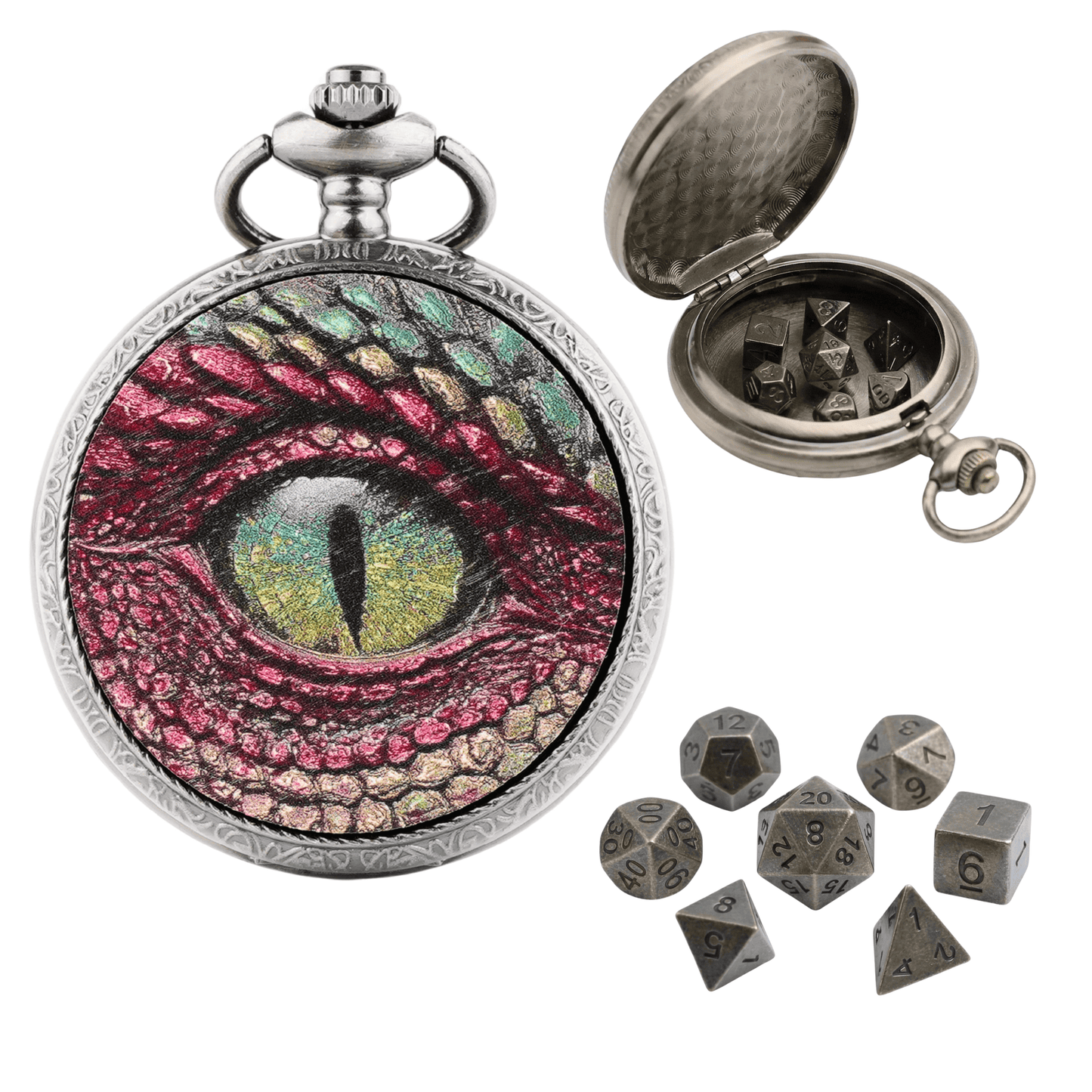 Geloho D20, Dragon Silver Mystic Teal Dragon Eye Pocket Watch Dice Set