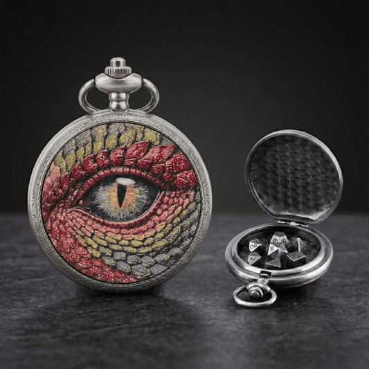 Geloho D20, Dragon Silver Mystic Teal Dragon Eye Pocket Watch Dice Set
