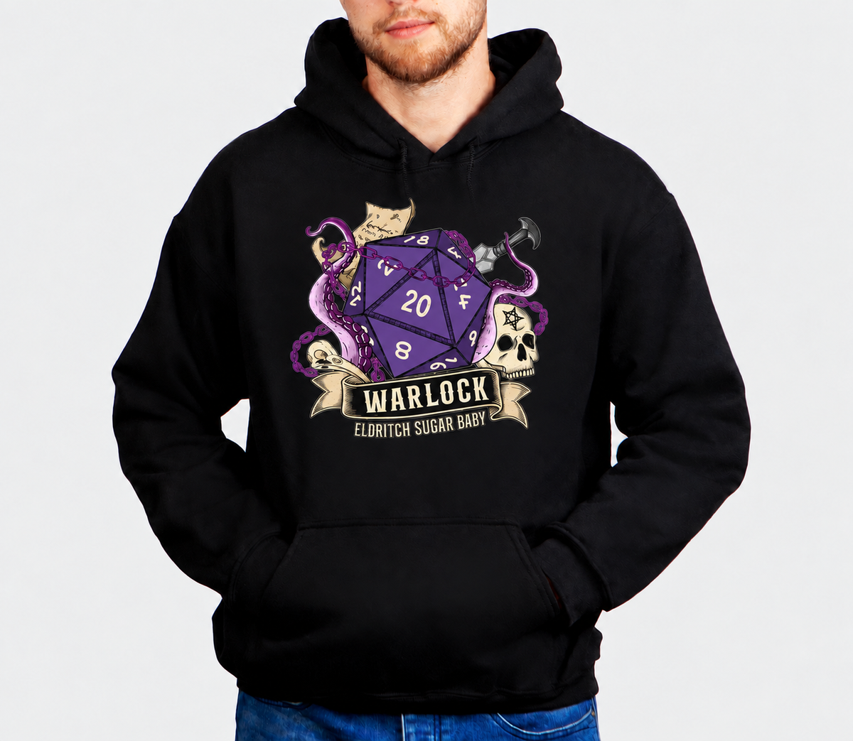 Pact Powered Problems D&D hoodie on male model