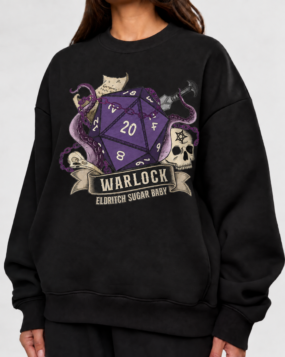 Female model wearing Pact Powered Problems - DnD Sweatshirt