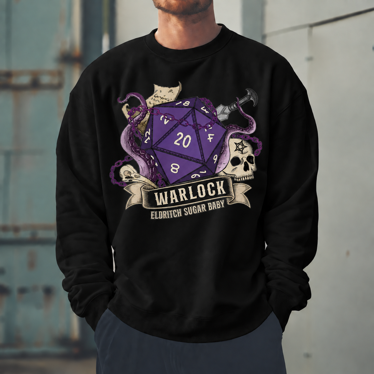Male model wearing Pact Powered Problems - DnD Sweatshirt
