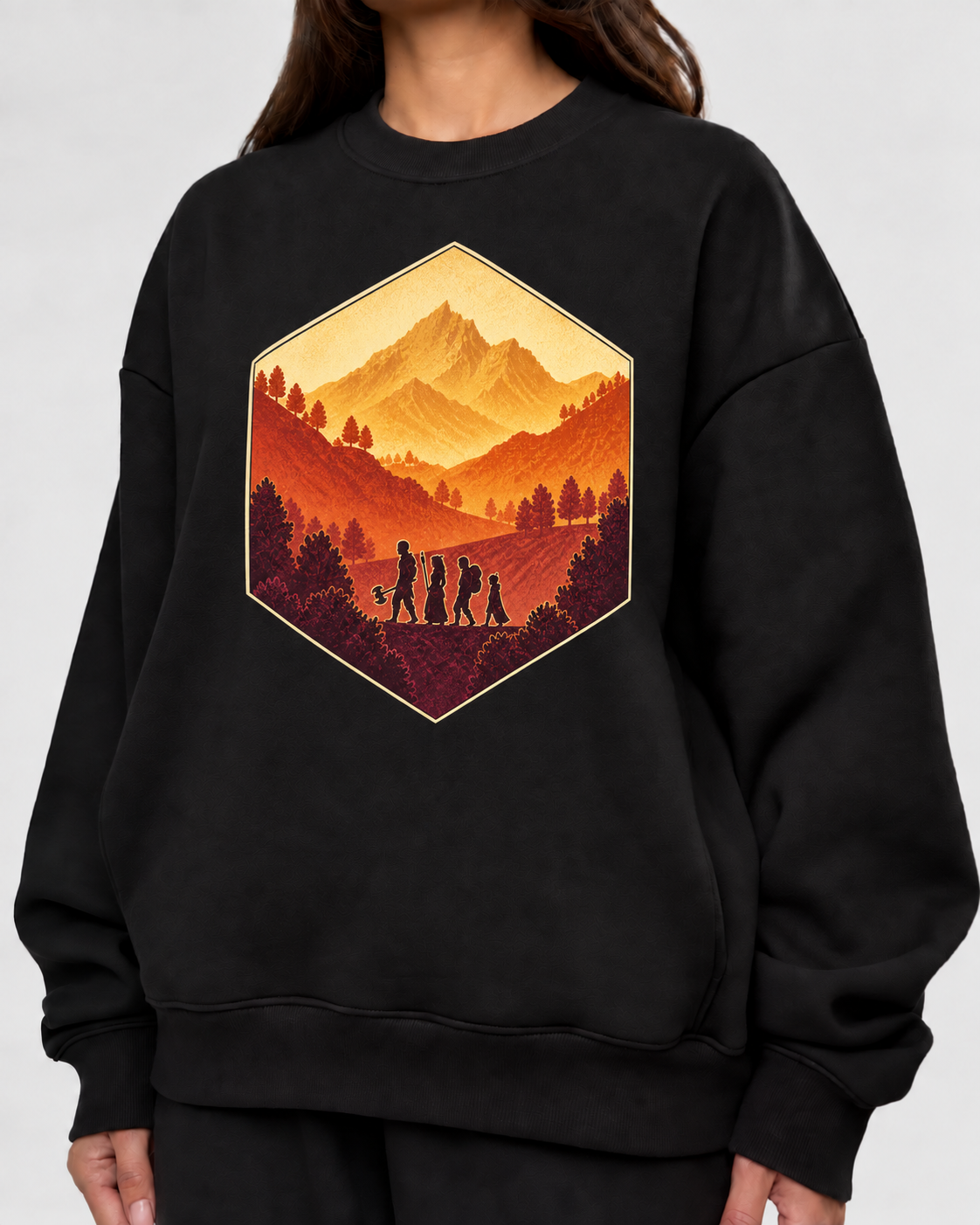 Female model wearing Party Before Destination - DnD Sweatshirt