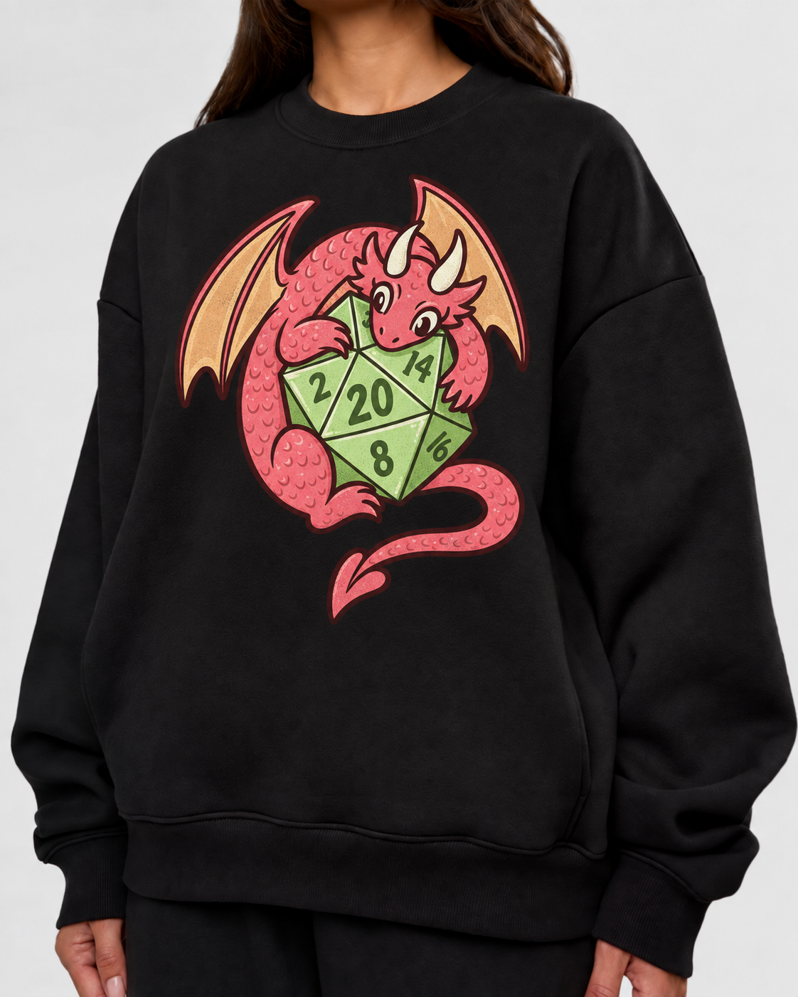 Female model wearing Pocket Sized Luck - DnD Sweatshirt