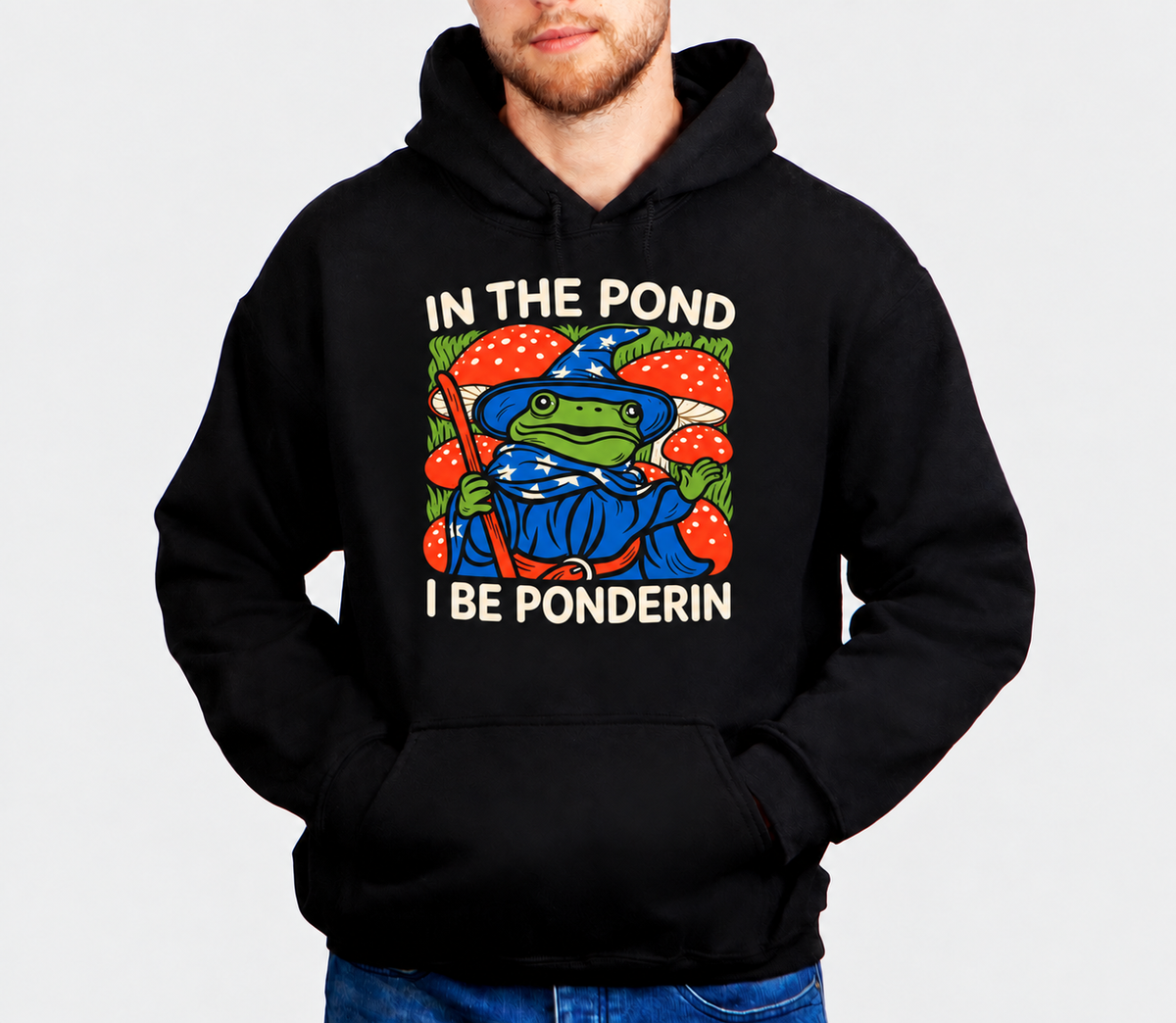 Pondside Wisdom Check D&D hoodie on male model