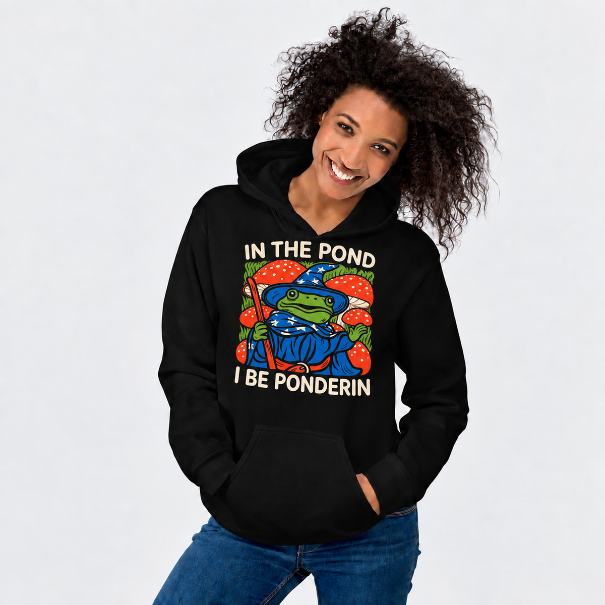 Pondside Wisdom Check D&D hoodie on female model