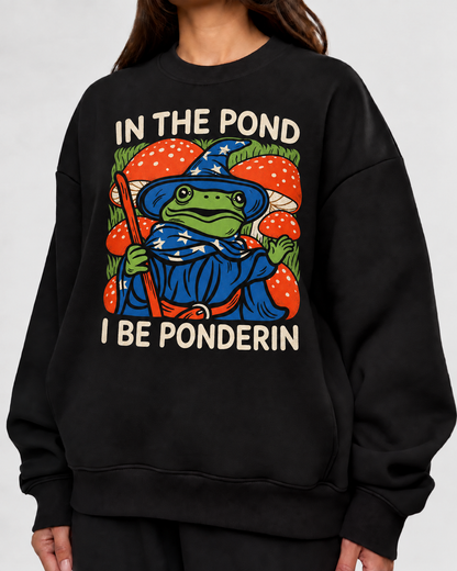 Female model wearing Pondside Wisdom Check - DnD Sweatshirt