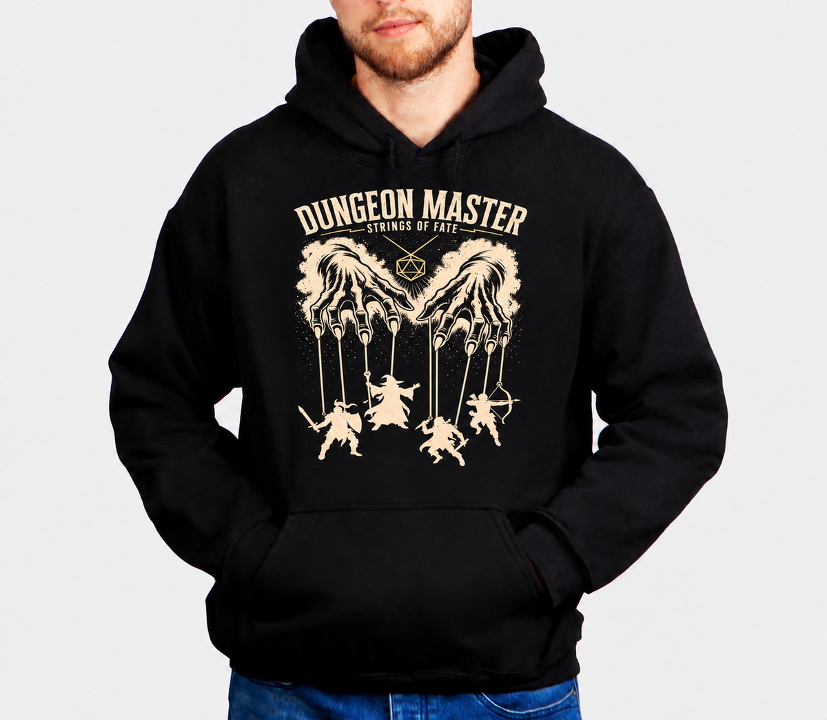 Pulling Every String D&D hoodie on male model