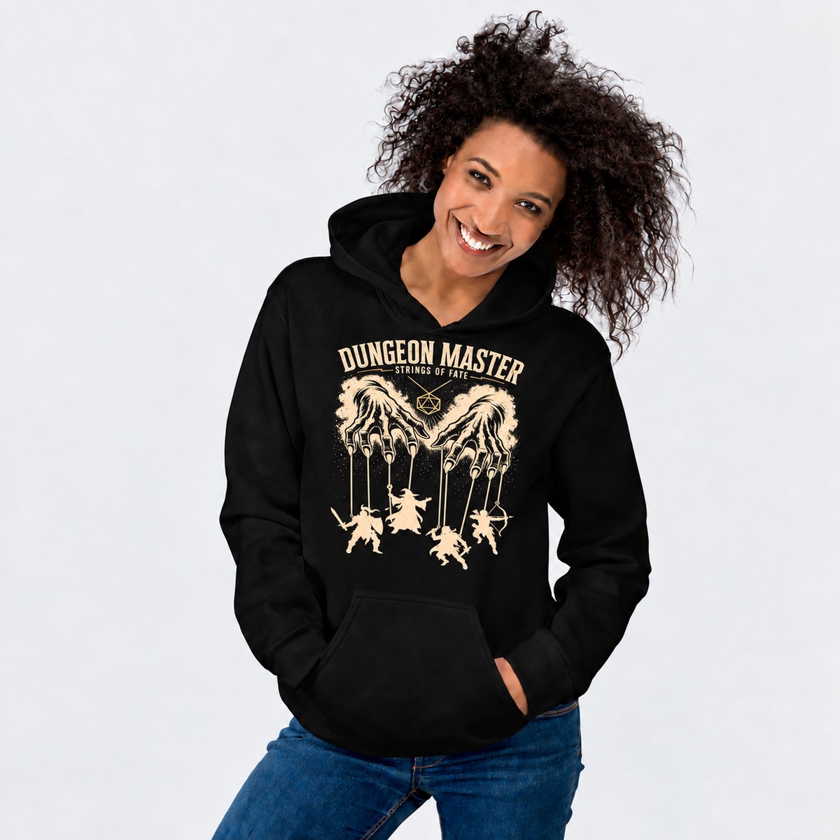 Pulling Every String D&D hoodie on female model
