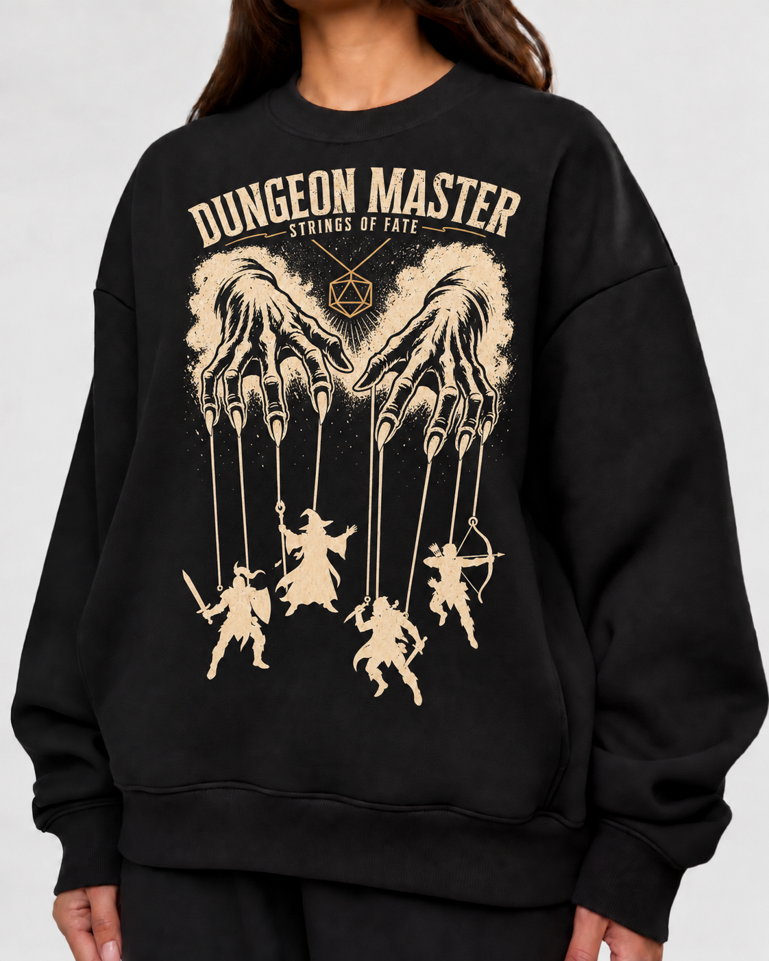 Female model wearing Pulling Every String - DnD Sweatshirt