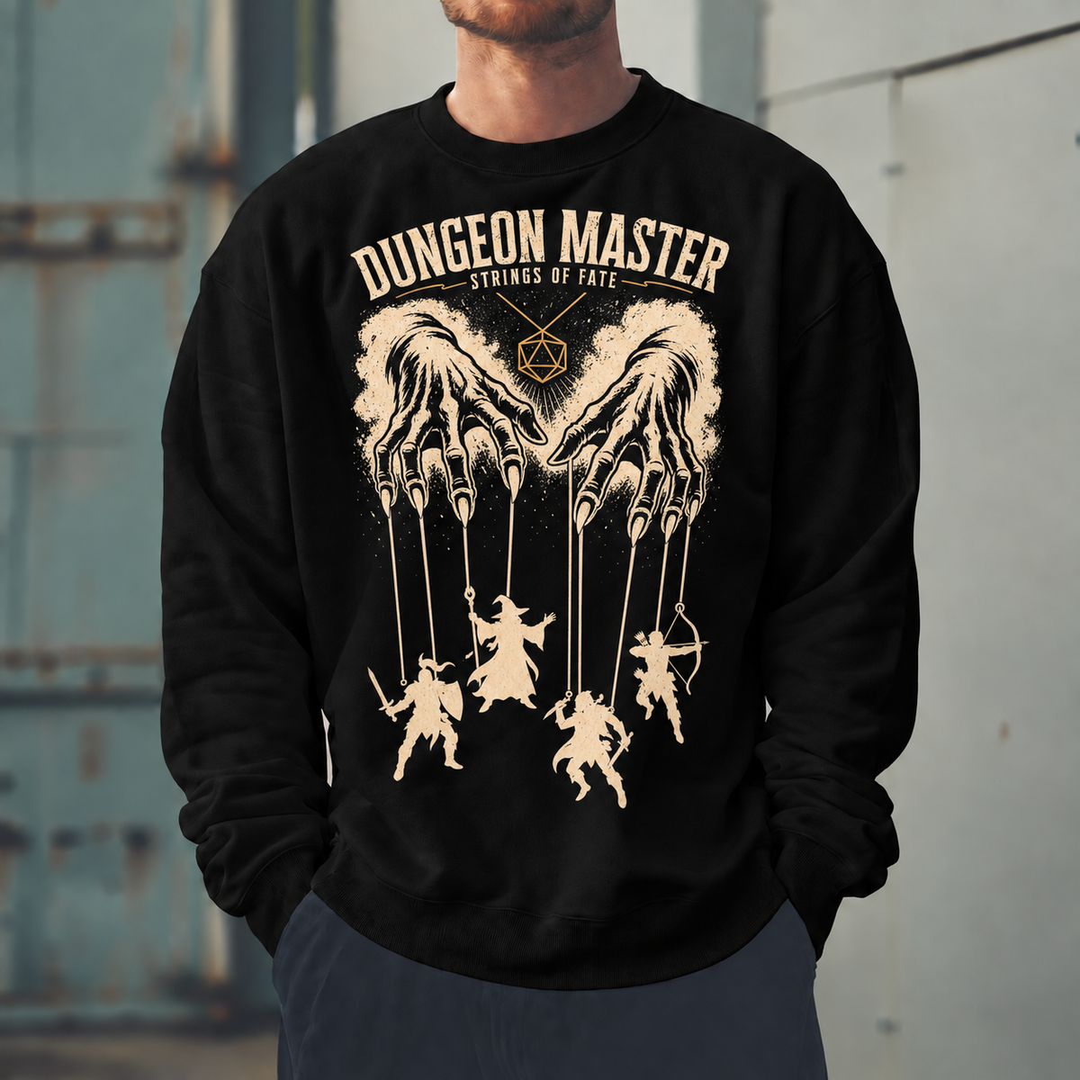 Male model wearing Pulling Every String - DnD Sweatshirt