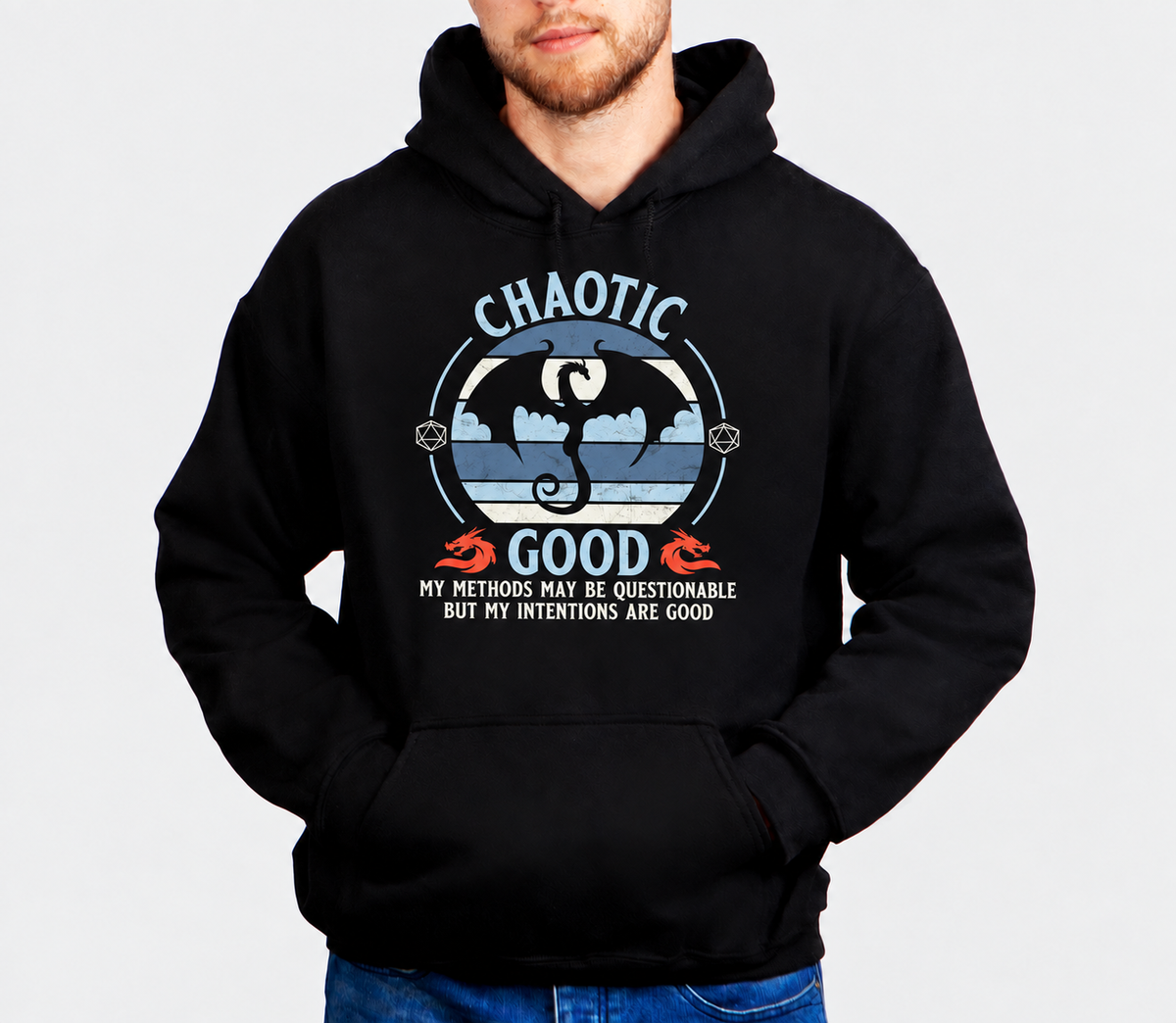 Questionable Good Intentions D&D hoodie on male model