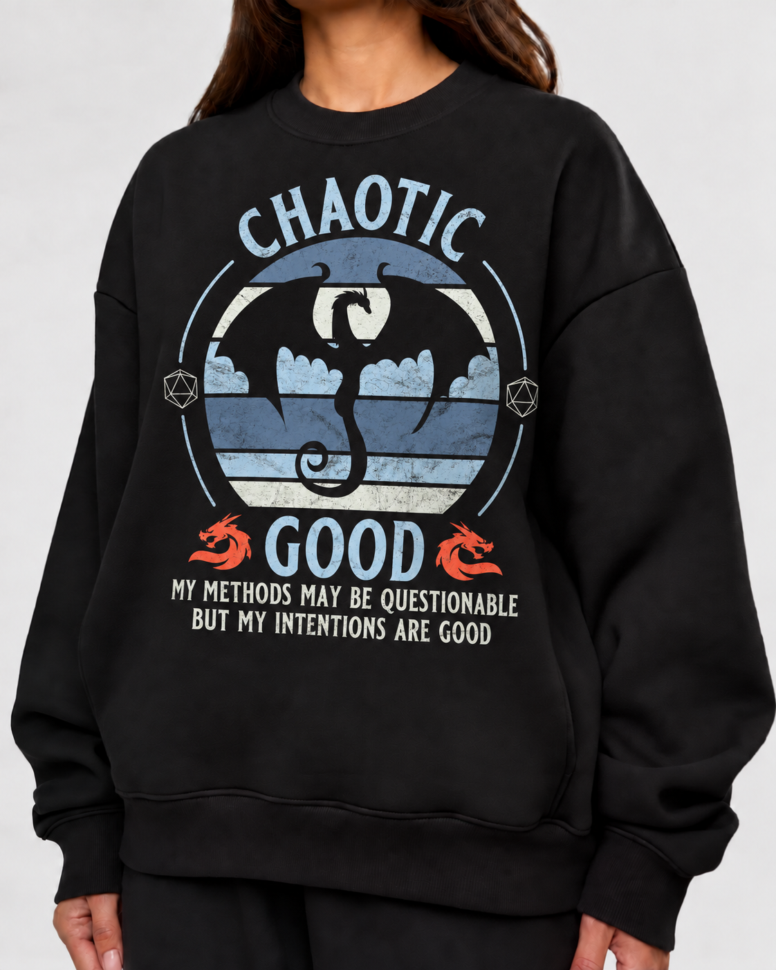 Female model wearing Questionable Good Intentions - DnD Sweatshirt