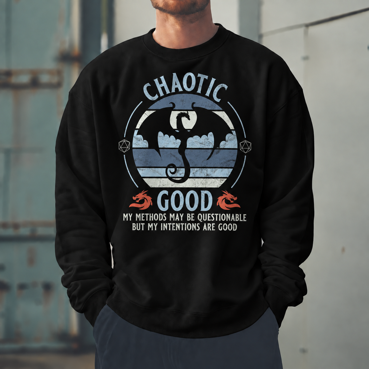 Male model wearing Questionable Good Intentions - DnD Sweatshirt