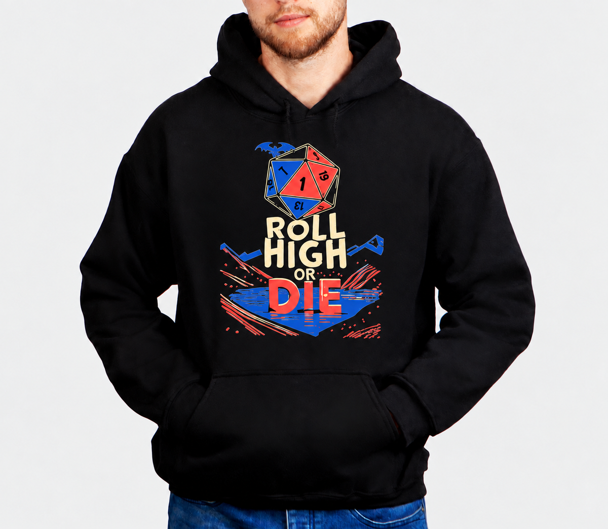 Roll Above Everything D&D hoodie on male model