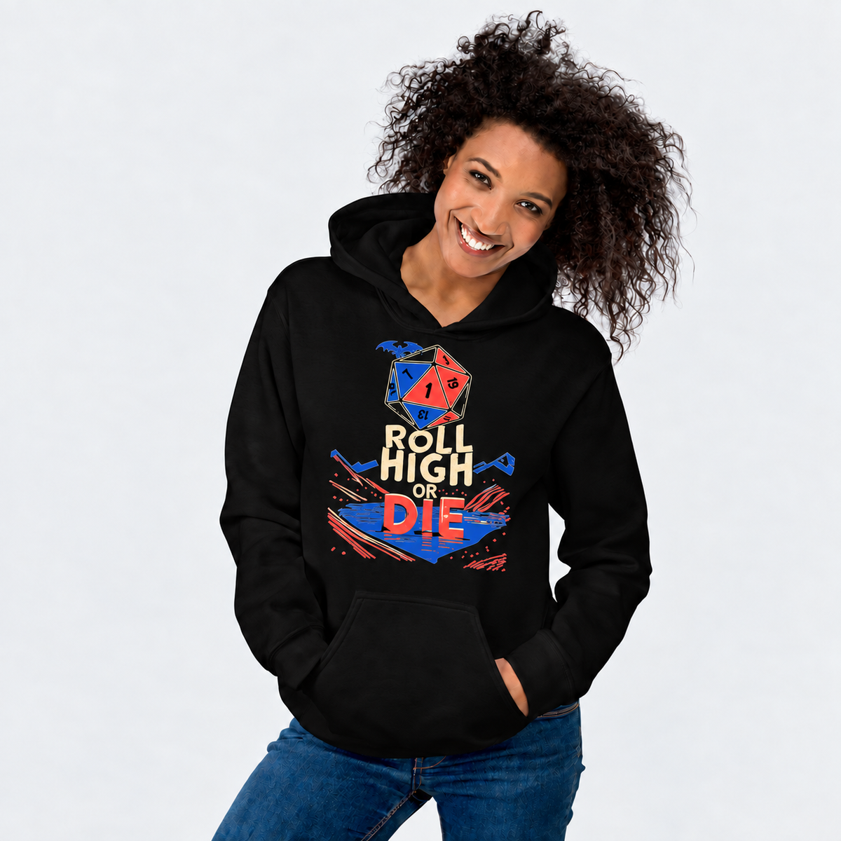 Roll Above Everything D&D hoodie on female model