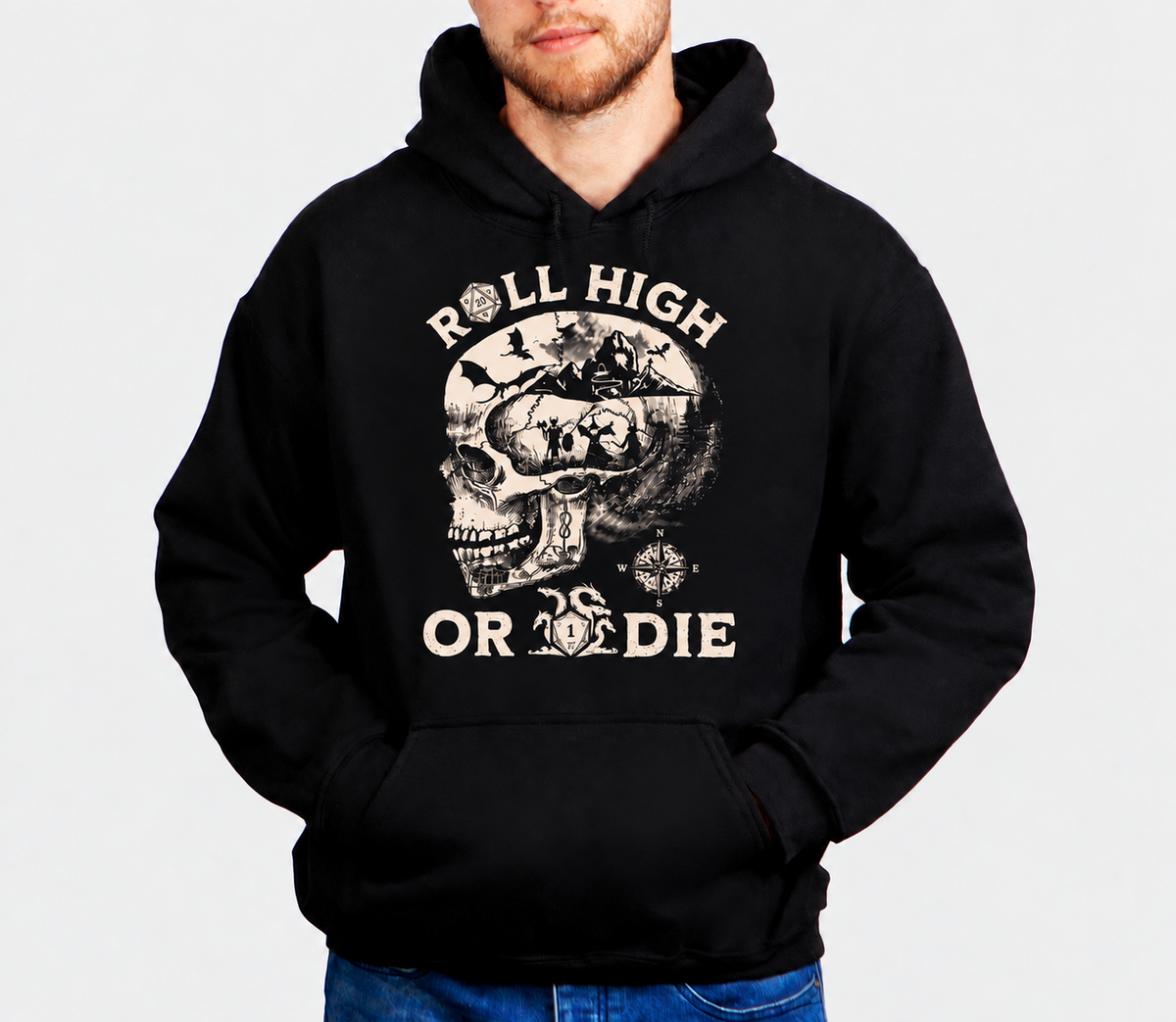 Roll High Forever D&D hoodie on male model