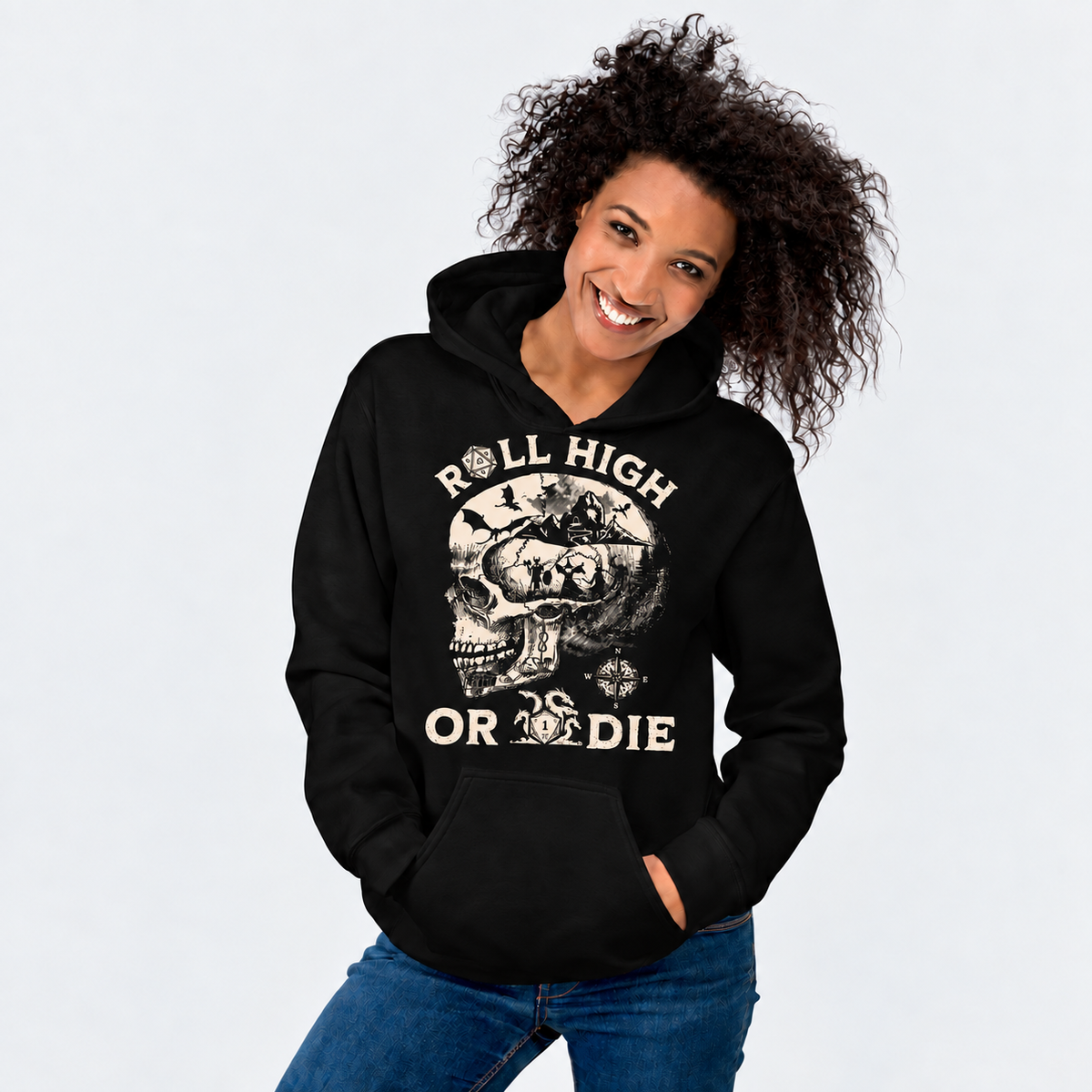 Roll High Forever D&D hoodie on female model