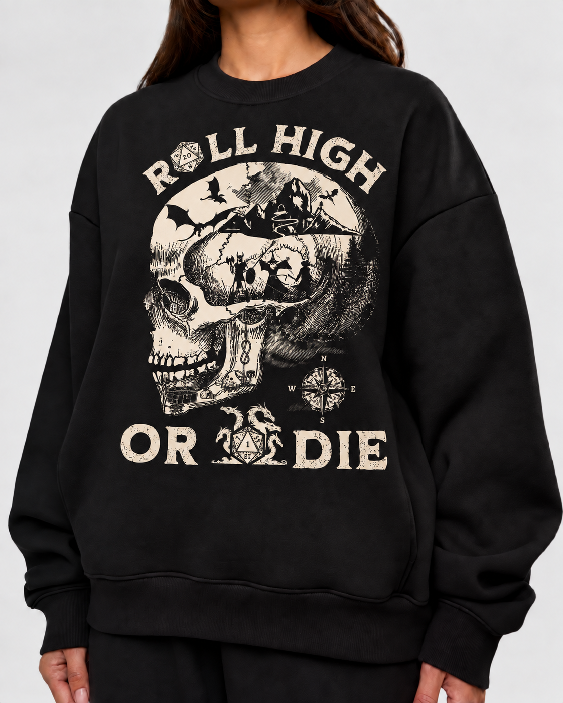 Female model wearing Roll High Forever - DnD Sweatshirt