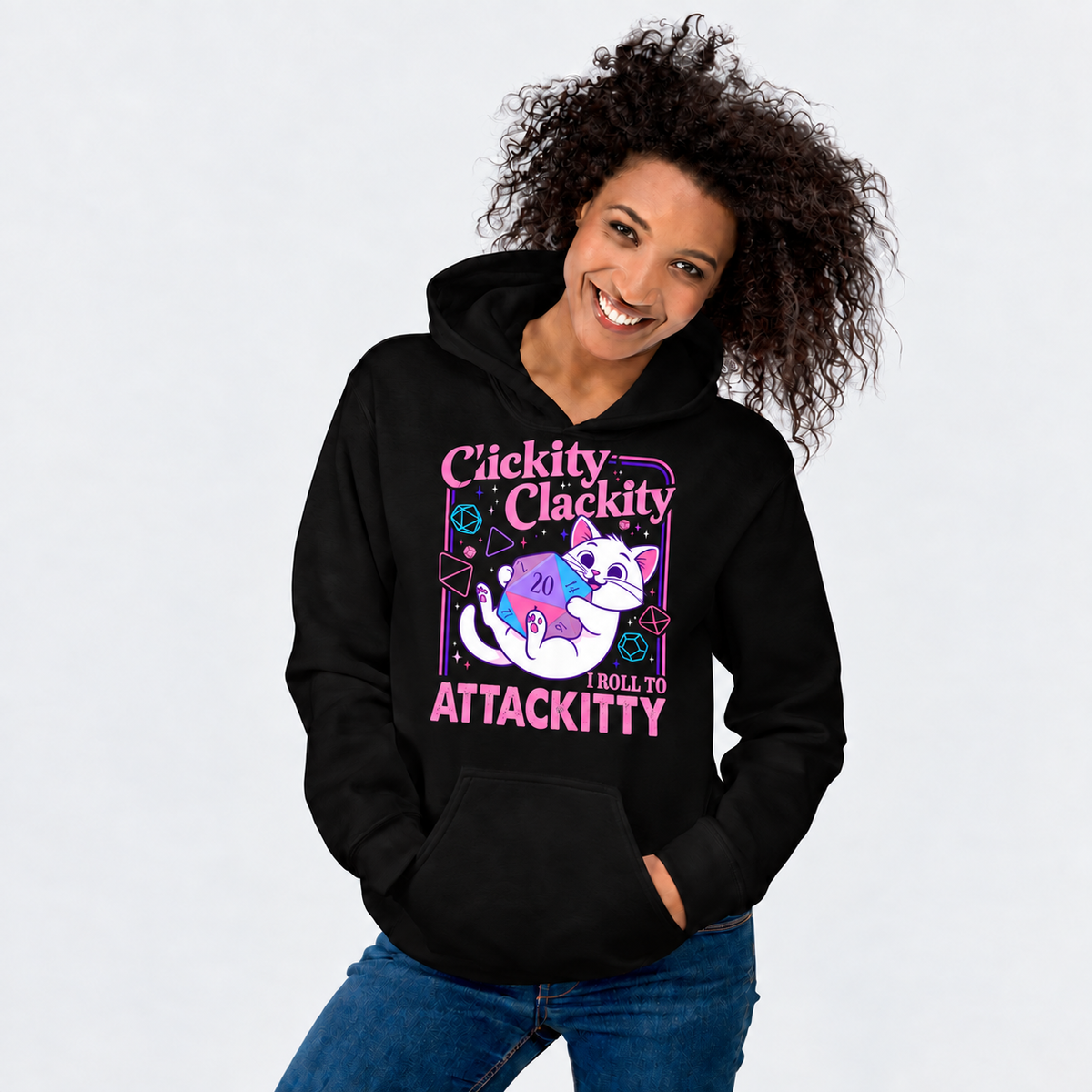 Roll To Attackity D&D hoodie on female model
