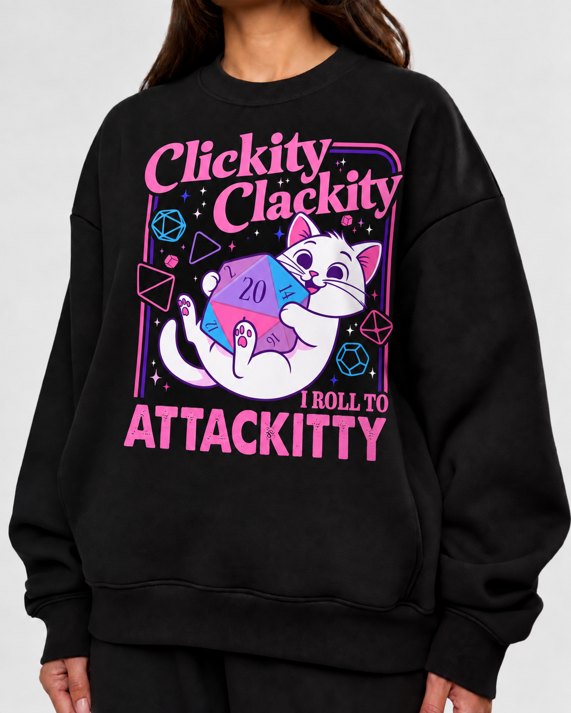 Female model wearing Roll To Attackity - DnD Sweatshirt