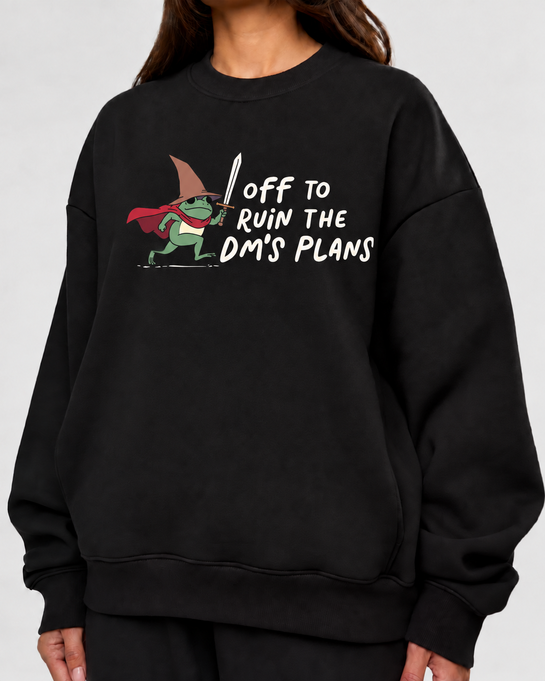 Female model wearing Ruining The Plot - DnD Sweatshirt