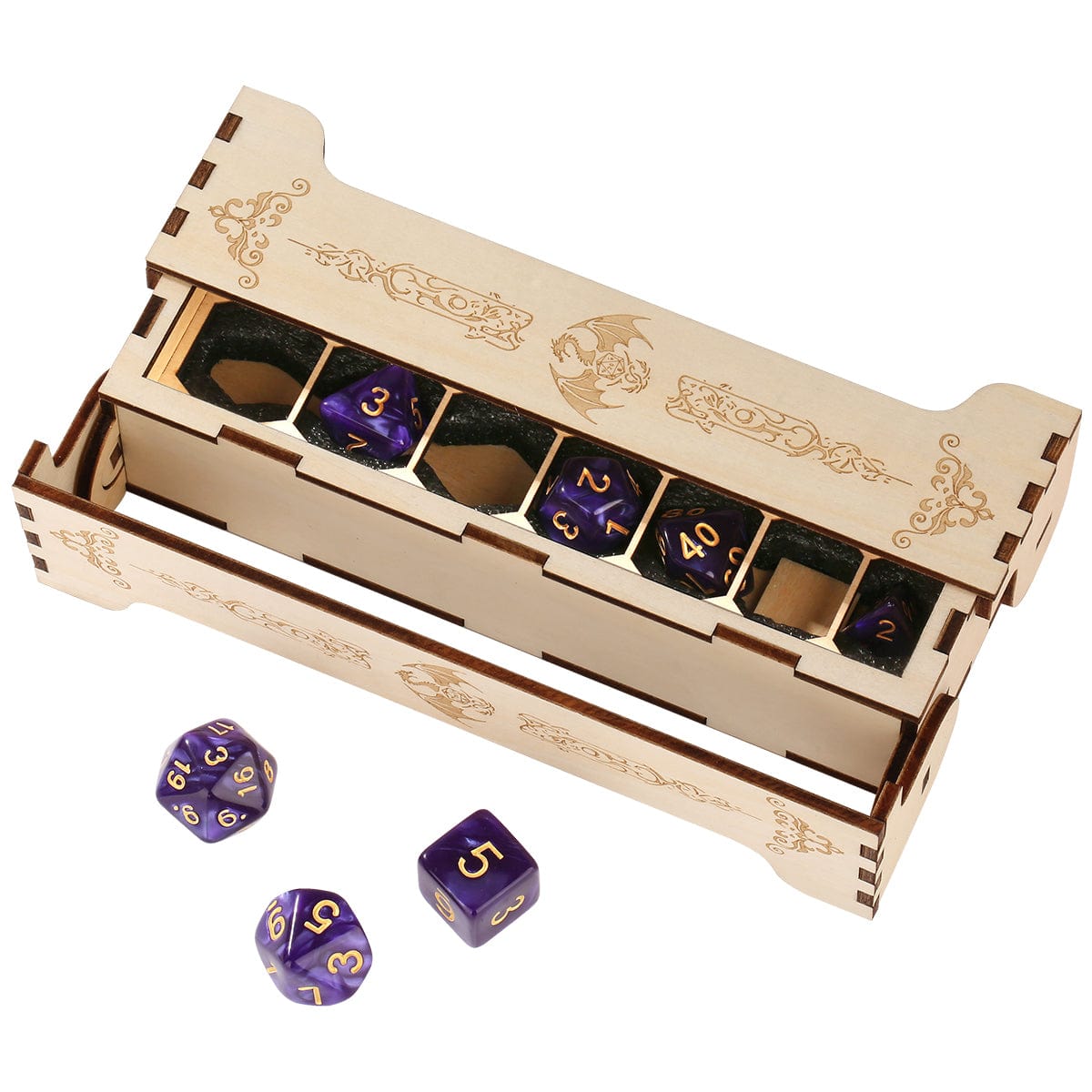 dnd würfel aufbewahrung Langes Würfelkästchen aus Holz mit graviertem Deckel – 7-teiliges Würfelaufbewahrungsset für Dungeons & Dragons, Geschenkidee – Geloho