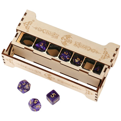 Geloho Scroll Dice Vault – Long Wooden Dice Case with Engraved Lid for DnD 7-Die Set