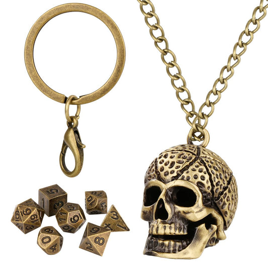 Geloho Bronze Skull Mini Dice Set Necklace & Keychain Set