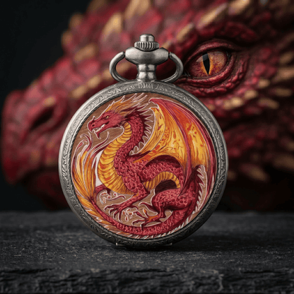 Geloho D20, Dragon Silver Sovereign Red Dragon Classic Pocket Watch Dice Set