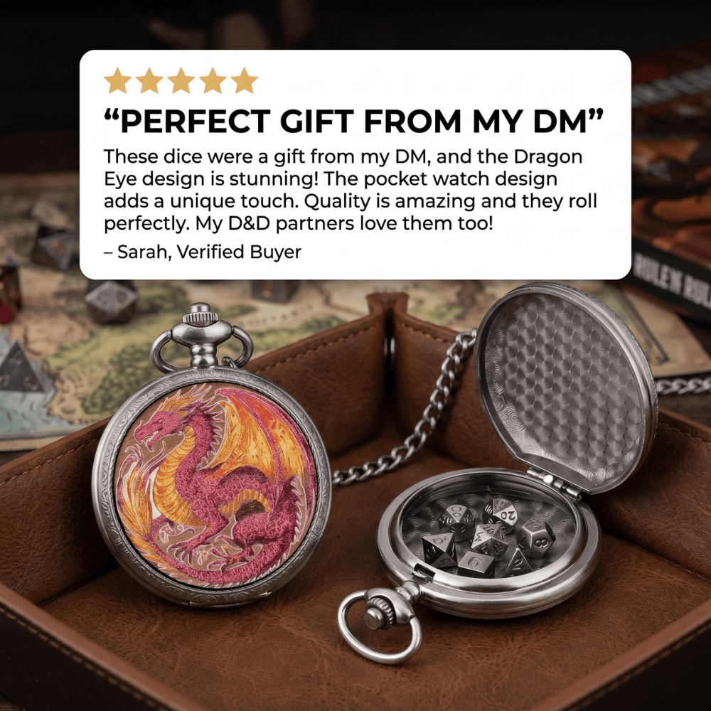 Geloho D20, Dragon Silver Sovereign Red Dragon Classic Pocket Watch Dice Set