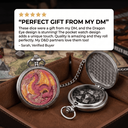 Geloho D20, Dragon Silver Sovereign Red Dragon Classic Pocket Watch Dice Set