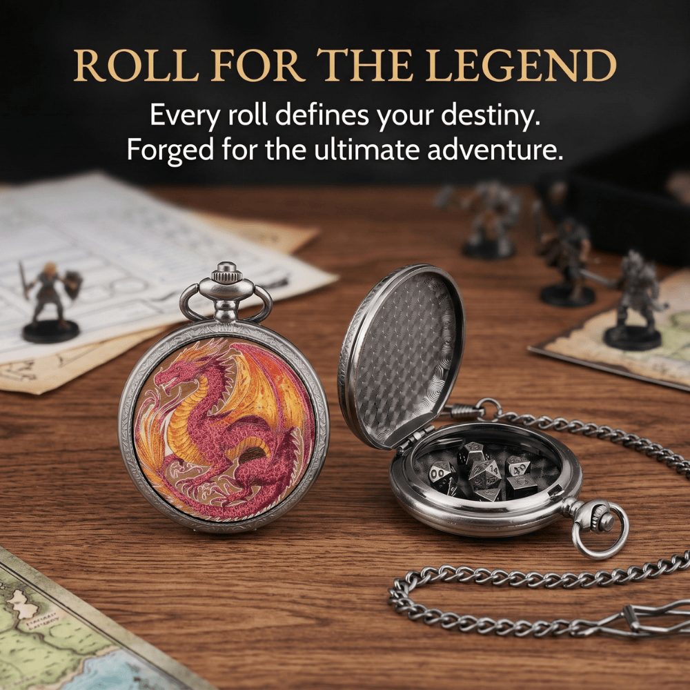 Geloho D20, Dragon Silver Sovereign Red Dragon Classic Pocket Watch Dice Set