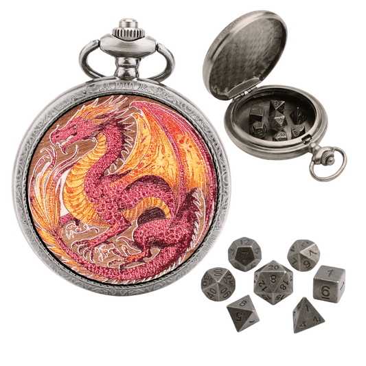 Geloho D20, Dragon Silver Sovereign Red Dragon Classic Pocket Watch Dice Set