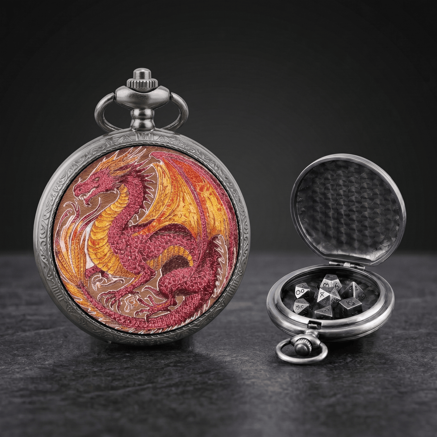 Geloho D20, Dragon Silver Sovereign Red Dragon Classic Pocket Watch Dice Set