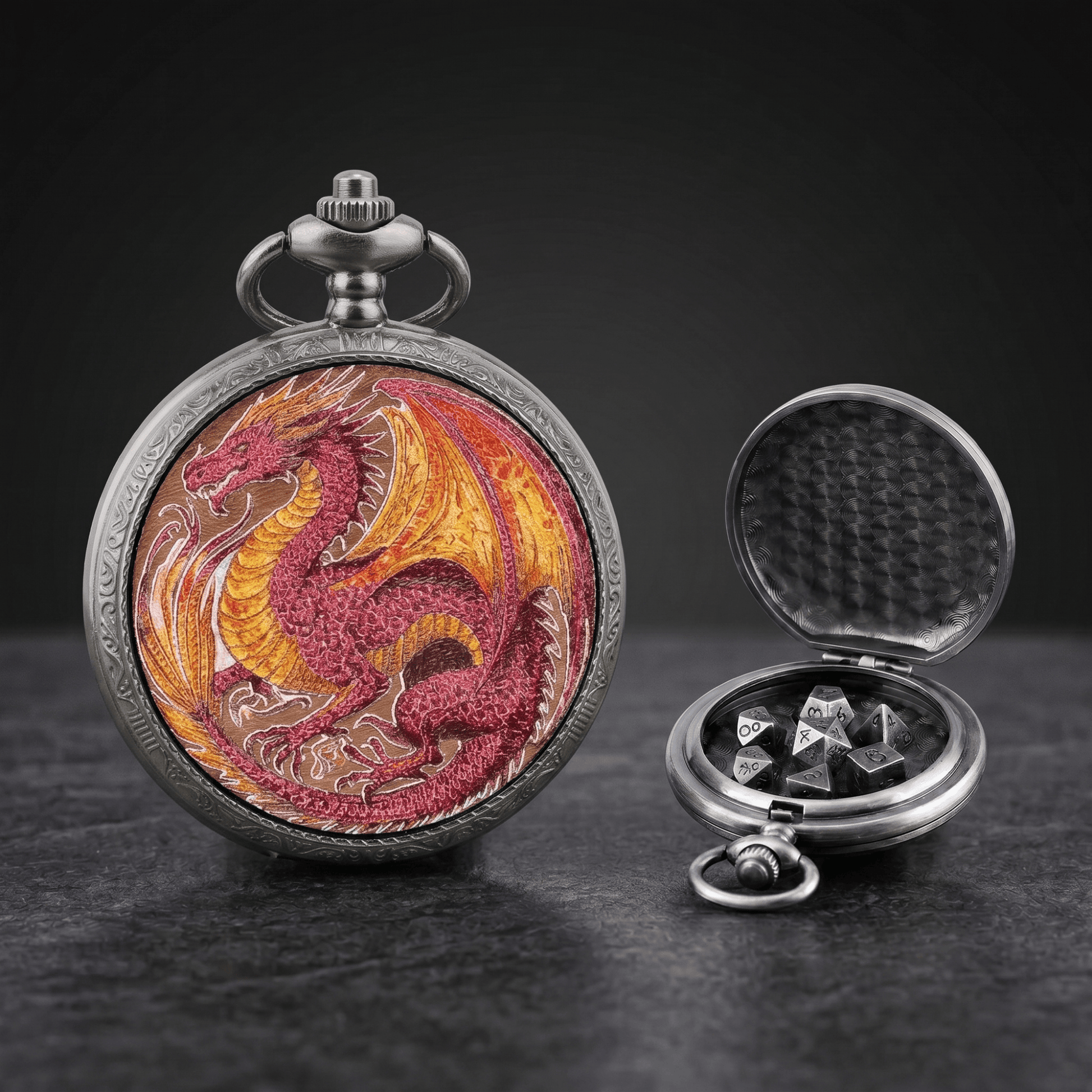 Geloho D20, Dragon Silver Sovereign Red Dragon Classic Pocket Watch Dice Set